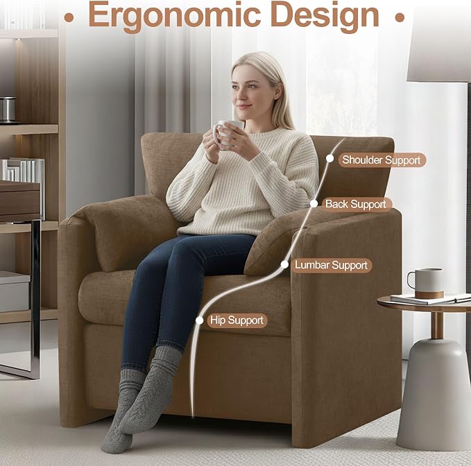 Oversized Accent Chair for Living Room, 32.68" Large Modern Armchair Set of 2 with Deep Seat, Mid-Century Comfy Reading Chair with Padded Arms, Chenille Single Sofa Chairs for Bedroom, Dark Brown