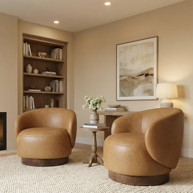 KISLOT Swivel Accent Chair Modern Round Barrel Armchair with Upholstered Faux Leather for Living Room Bedroom Waitingroom,1 Box,Brown