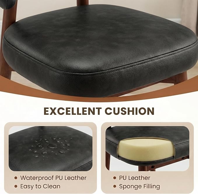 MALOL Wooden Dining Chairs Set of 2, Modern Upholstered Dining Room Chair, PU Leather Kitchen Side Chairs with Curved Open Back for Living Room/Restaurant/Cafe, Black