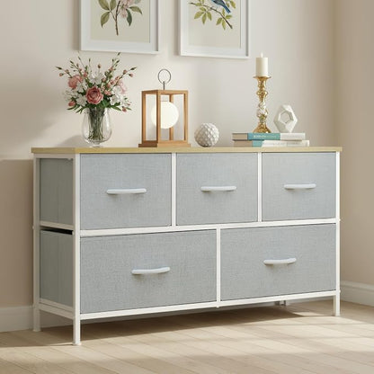 OLIXIS 5 Drawer Dresser for Bedroom, Storage Organizer Unit for Closet | Chest of Drawers for Clothes Storage with Bins, Wide Fabric Bedroom Dresser, Wooden Top, Living Room, Light Grey
