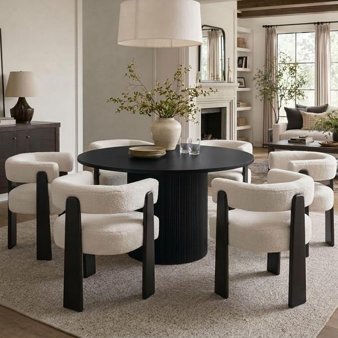Hyfirm Modern Boho Dining Chairs Set of 6, White Boucle Upholstered Barrel Armchairs with Plush Teddy Fabric, Solid Black Wooden Legs, Mid-Century Accent Chairs for Dining Room, Living Room, Kitchen