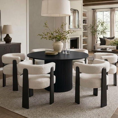 Hyfirm Modern Boho Dining Chairs Set of 6, White Boucle Upholstered Barrel Armchairs with Plush Teddy Fabric, Solid Black Wooden Legs, Mid-Century Accent Chairs for Dining Room, Living Room, Kitchen