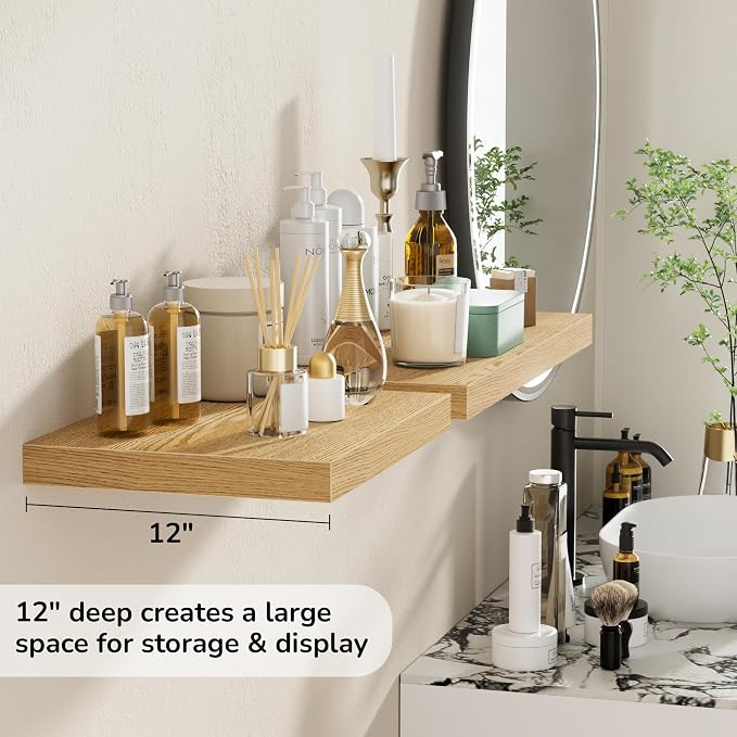 Fun Memories Floating Shelves - 2 Pack 12 Inch Rustic Wooden Wall Shelves - Extra Deeper & Thicker Wall Mounted Storage Shelf for Living Room, Kitchen, Farmhouse - 16" W x 12" D x 1.5" H - Oak