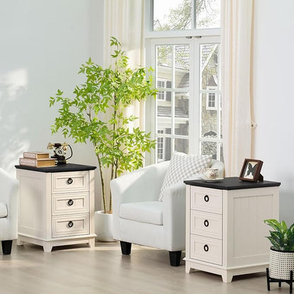 Joaxswe 18" Farmhouse Night Stand with 3 Drawers, Wood End Table Dresser for Bedroom, White Nightstand, Bed Side Table with Metal Handle, Bedside Cabinet for Bedroom Living Room, Closet