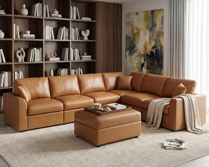 Oversized Leather Modular Sectional Sofa for Living Room, Brown | Extra Deep Seat, Pet-Friendly, Easy to Clean, Easy to Assemble, with Ottoman, Large 7 Seater U Shaped Cloud Couch