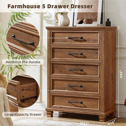 SAVOR LIFE Farmhouse 5 Drawer Dresser for Bedroom, 45” Tall Dressers & Chests of Drawers with Thickened Tabletop & Square Table Legs, Brown