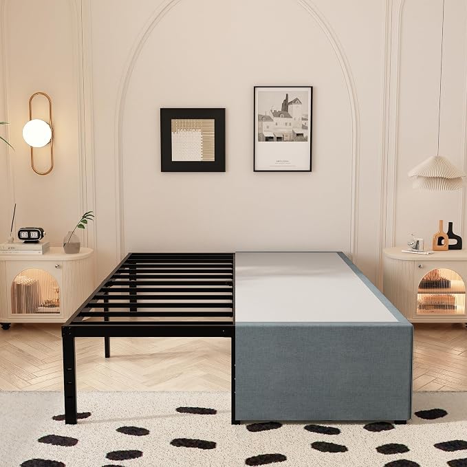 Maenizi 18 Inch King Bed Frame with Fabric Cover, Heavy Duty King Platform Bed Frame Support Up to 3000 lbs, Easy Assembly, Noise Free, Black