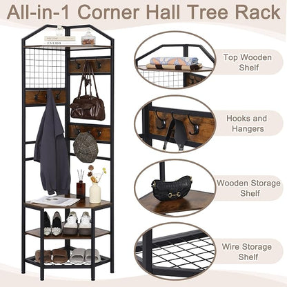 Heavy Duty Corner Hall Tree Organizer, 3-in-1 Industrial Freestanding Coat Storage Rack with Hooks and 4 Wooden Shelves for Entryway, Black