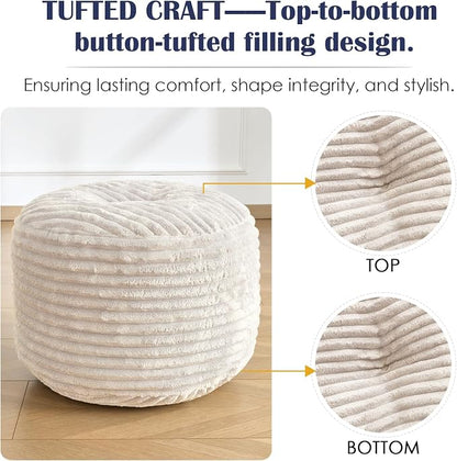 Round Ottoman,Corduroy Pouf Ottoman Foot Rest,Beige,18x14 IN | Storage Footstool for Living Room,18x14 Soft Floor Poufs,Memory Foam Filling,Footrest only