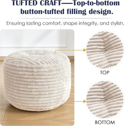 Round Ottoman,Corduroy Pouf Ottoman Foot Rest,Beige,20x15 IN | Storage Footstool for Living Room,20x15 Soft Floor Poufs,Memory Foam Filling,Footrest only