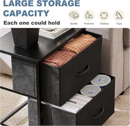 DUMOS Nightstand Set of 2, Small Dresser with 2 Fabric Drawers, End Table | Bedroom Kids Bedside Storage Furniture for 25 inch Tall Night Stand, Dorm, Ink