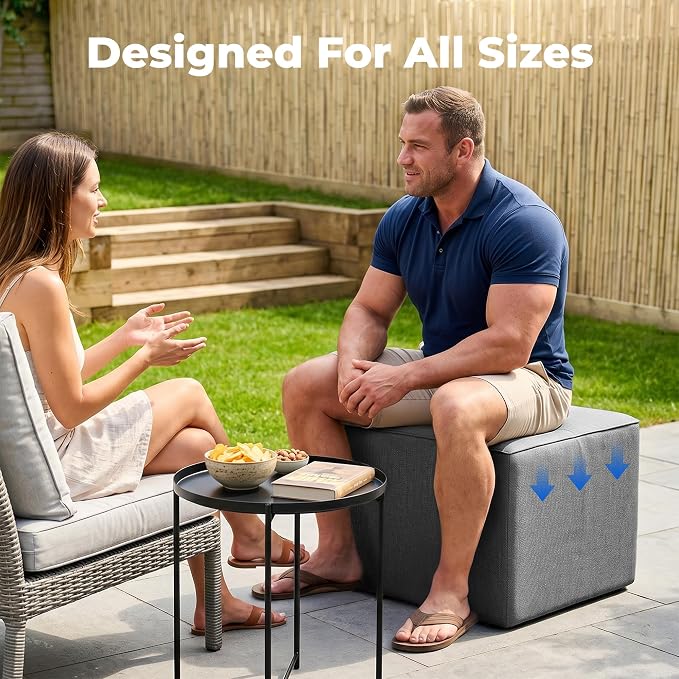 Living&Giving Square Outdoor Ottoman Pouf, 24 Inch Waterproof Patio Ottoman Foot Rest with Solid High-Density Foam, Comfy Boneless Footstool for Outside Couch & Seating, Dark Gray
