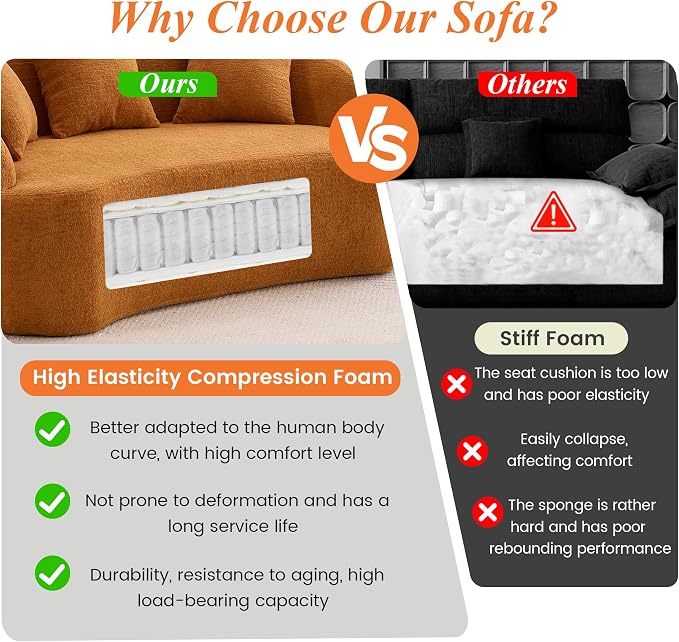 66" Curved Loveseat Sofa for Small Space, Boneless Chenille Boucle Cloud Couch, Luxury Extra High Back & Deep Seat, Oversized Comfort with No Assembly Required for Office, Dorm (Orange)
