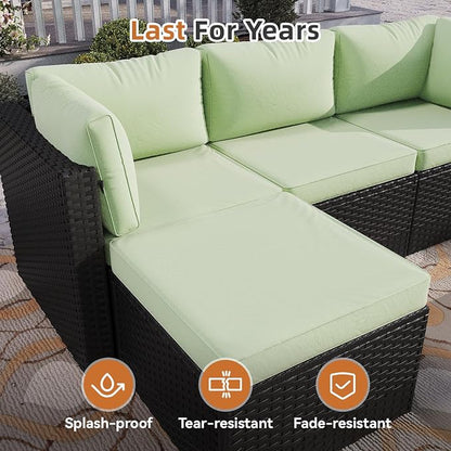 Aoxun Patio Furniture Set 5-Piece, Outdoor Sectional Sofas with Washable Cushion, Wicker Rattan Patio Conversation Sets for Backyard Porch and Poolside, Mint Green