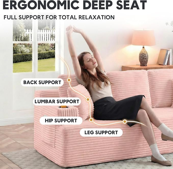 Boneless Sofa Couch Set with Cup Holders & Side Pockets, Modern Corduroy Fabric Upholstered 3-seat Couch & Loveseat Set with 4 Throw Pillows for Living Room, Office, No Assembly (Pink)