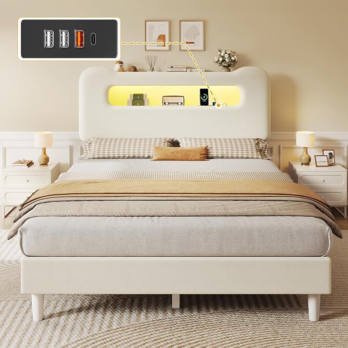 DWVO Full Size Bed Frame, Boucle Upholstered Bed with Storage Headboard, LED Bed with USB & Outlet, No Box Spring Needed, Cream
