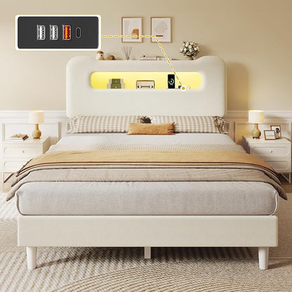 DWVO Full Size Bed Frame, Boucle Upholstered Bed with Storage Headboard, LED Bed with USB & Outlet, No Box Spring Needed, Cream