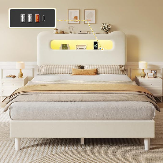 DWVO Full Size Bed Frame, Boucle Upholstered Bed with Storage Headboard, LED Bed with USB & Outlet, No Box Spring Needed, Cream