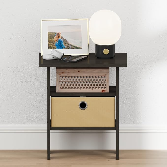 Furinno TIDUR 3-Tier Night Stand, Nightstand with Storage Bin, Espresso | Open Shelf Design, Bedside Table, End Table, Side Table for Bedroom, Living Room