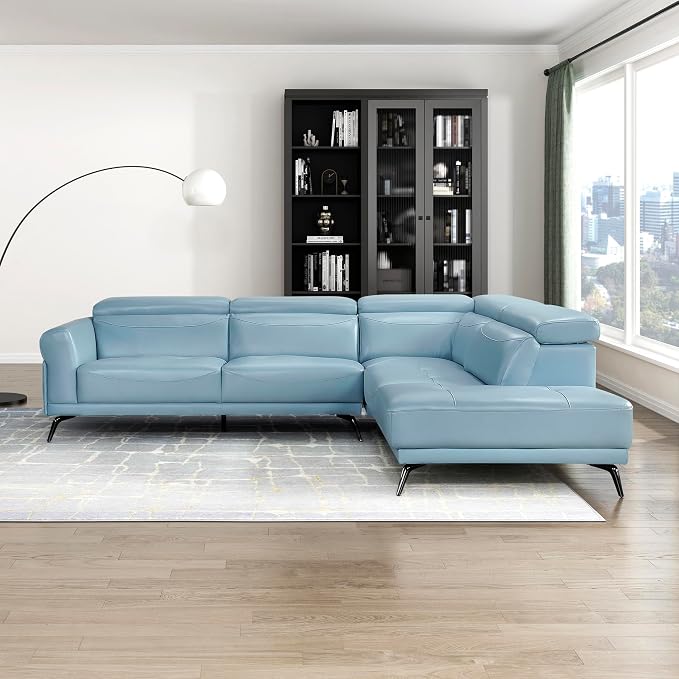 Lexicon L-Shaped Sectional Couch with Right Chaise, Top Grain Leather Match Sectional Sofa, Adjustable Headrests, Black Chrome Metal Legs, High-Density Cushions, Stitching, for Living Room, Blue