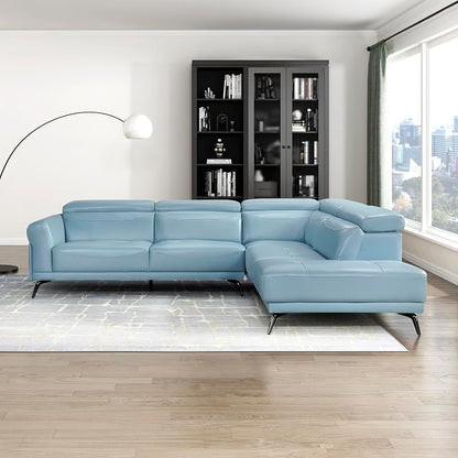 Lexicon L-Shaped Sectional Couch with Right Chaise, Top Grain Leather Match Sectional Sofa, Adjustable Headrests, Black Chrome Metal Legs, High-Density Cushions, Stitching, for Living Room, Blue