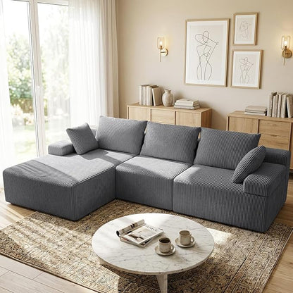 kinmars 108" Boneless Sectional Couch,Corduroy Cloud Couch Sectional for Living Room,Modern L Shaped Modular Sectional Couch,3 Seater Sofa (Dark Gray, 108.9" L Shaped with Left Facing Chaise)