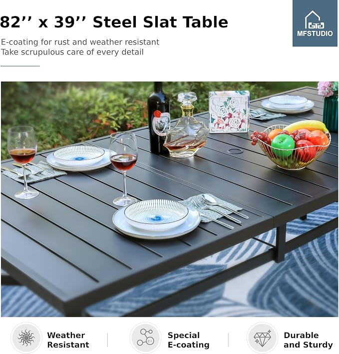 MFSTUDIO Outdoor Dining Set for 8, Patio Table and Chairs Set with Umbrella Hole, 9 Piece Patio Furniture Dining Set for Deck Yard Poolside | Rectangular metal table & swivel chairs, Umbrella hole, for deck garden poolside, All weather reistant
