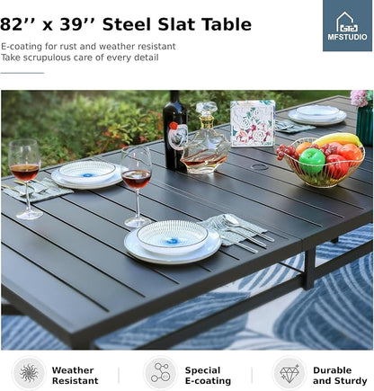 MFSTUDIO Outdoor Dining Set for 8, Patio Table and Chairs Set with Umbrella Hole, 9 Piece Patio Furniture Dining Set for Deck Yard Poolside | Rectangular metal table & swivel chairs, Umbrella hole, for deck garden poolside, All weather reistant