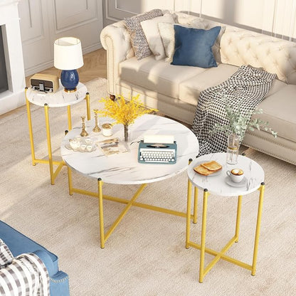 AWQM Faux Marble Coffee Table Set of 3, 1 Coffee Table & 2 Sofa Table, Round Tabletop and Metal Cross Base Frame,Perfect for Living Room Apartment, White