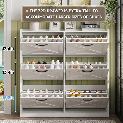 Maupvit Large Shoe Storage Cabinet with 6 Flip Drawers, Freestanding Shoe Organizer with Metal Handles for Entryway, Narrow Shoe Rack Cabinet, White