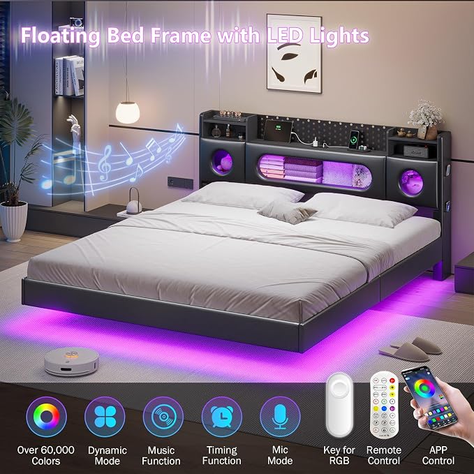 Dnxao California King Bed Frames with Hidden Storage Headboard, PU Black | Floating Bed Frame with LED Lights & Charging Station, No Noise, No Box Spring Needed, Hidden Storage, Easy Assembly