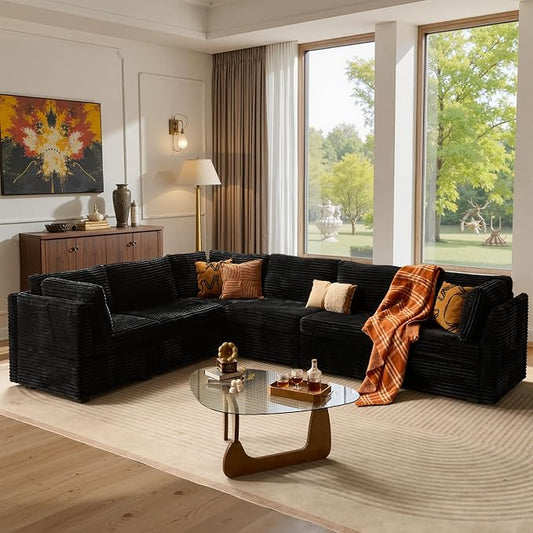 ovios Modular Sectional Sofa Couch with V-Shape Chaise Convertible, Comfy Plush Corduroy Cloud Couches, Modern Luxury Deep Seat Sofas Set for Living Room, 6-Seater, Black