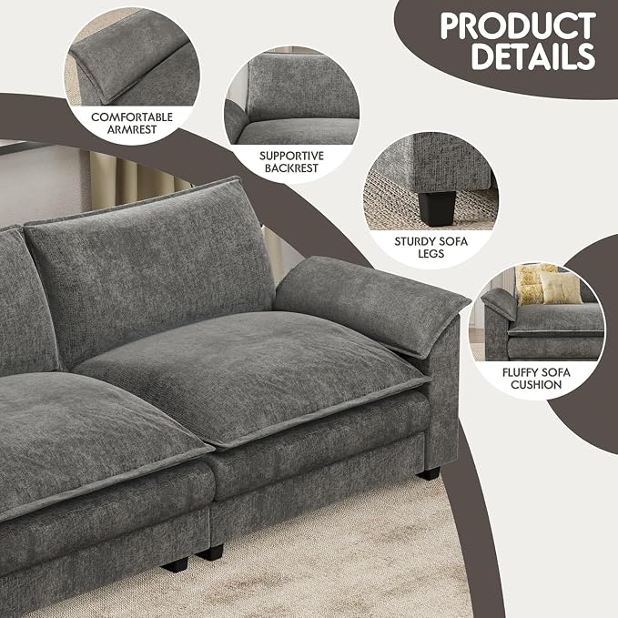 Homall 159" Modular Sectional Sofa, Linear Sofa Couch with Double-Layer Cushion, DIY Combination Chenille Deep 4-Seat Cloud Couch for Living Room, Apartment (Light Grey, Linear Sofa)