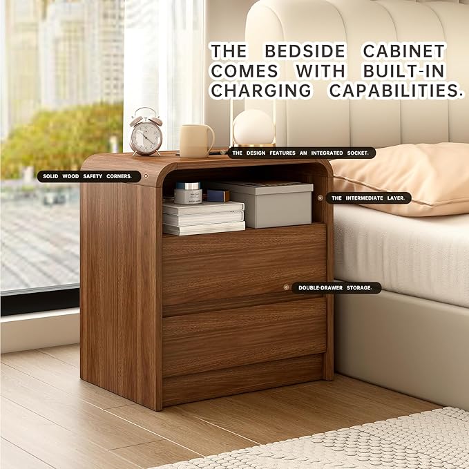 23.6" Walnut Nightstand Set of 2 with Charging Station, Anti-Collision Mid Century Modern Bedside Table with 500 LB Capacity, Soft Close Drawers Night Stand with Hidden Storage for Bedroom
