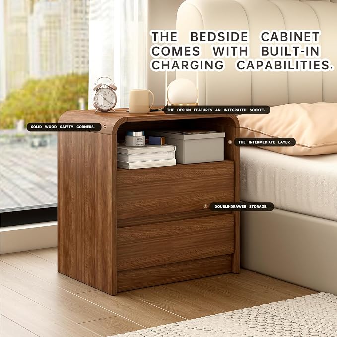 23.6" Walnut Nightstand with Charging Station, Anti-Collision Mid Century Modern Bedside Table with 500 LB Capacity, Soft Close Drawers Night Stand with Hidden Storage & Pre-Embedded Parts for Bedroom