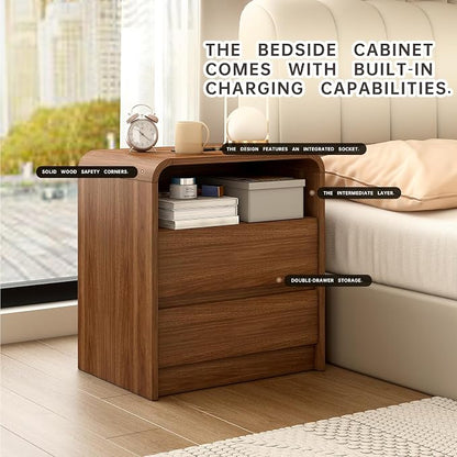 23.6" Walnut Nightstand with Charging Station, Anti-Collision Mid Century Modern Bedside Table with 500 LB Capacity, Soft Close Drawers Night Stand with Hidden Storage & Pre-Embedded Parts for Bedroom