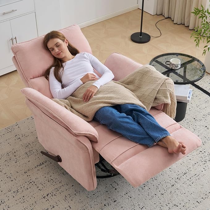 Rocking Chair Nursery with Adjustable Headrest,Manual Swivel Rocker Recliner Nursery Chair with Overstuffed Armrest,Glider Rocker Recliner for Living Room & Bedroom,Pink