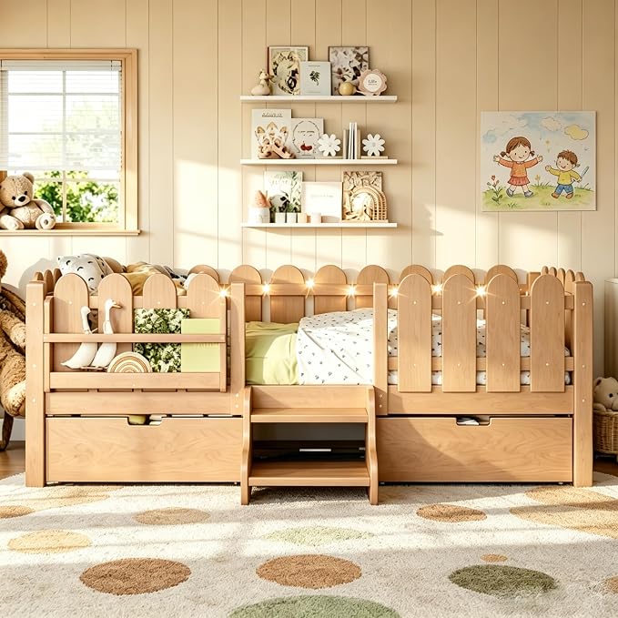 Bellemave Twin Size Platform Bed with Storage Drawers & Bookshelf for Boys Girls, Kids Twin Bed Frame with LED Lights & Stairs for Children's Room, Natural