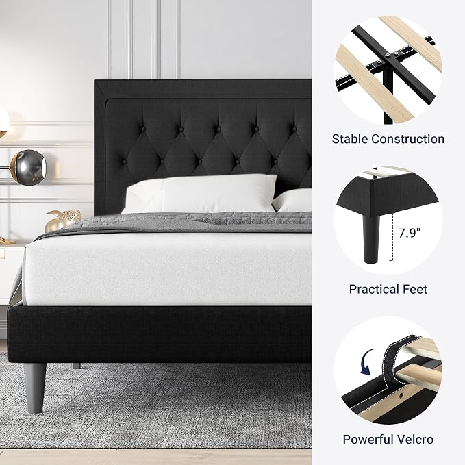 Allewie Full Size Upholstered Platform Bed Frame with Adjustable Headboard, Button Tufted, Wood Slat Support, Easy Assembly, Black