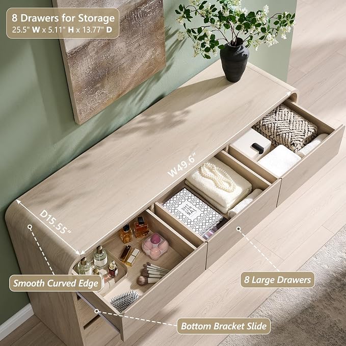 Aitjunz Modern 8 Drawers Dresser for Bedroom, 55" Wide Wood Dressers, Cream | Wooden Dressers & Chest of Drawers with Curved Profile Design, Mid Century Storage Dressers Organizer with Handleless Design