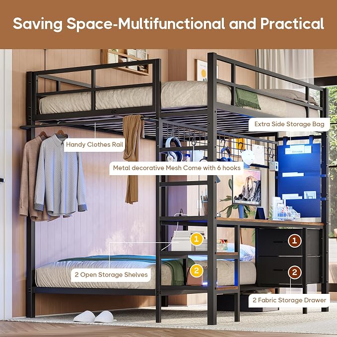 DICTAC Full Over Twin Bunk Bed with Desk and Charging Station Metal Full Over Twin Size Bunk Bed with Led Lights,Storage Shelves and Drawers,Bunk Beds for Teen/Adult with Safety Guard & Stairs,Black