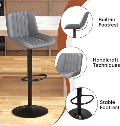 JAMFLY Modern Leather Bar Stools – Swivel & Height-Adjustable Bar Chairs with Footrest, Ergonomic Design for Kitchen Island, Home & Commercial Bar – Set of 6, Grey