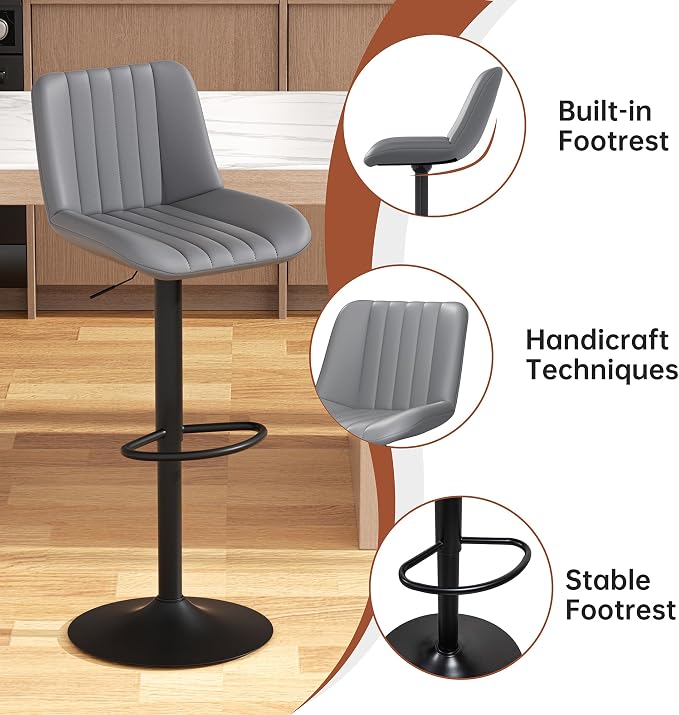 JAMFLY Modern Leather Bar Stools – Swivel & Height-Adjustable Bar Chairs with Footrest, Ergonomic Design for Kitchen Island, Home & Commercial Bar – Set of 4, Grey