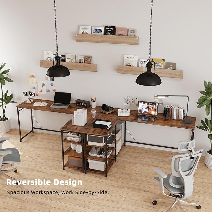 YOSHOOT 63" L Shaped Computer Desk, Gaming Desk | Office Desk with Open Shelves, Corner Desk L Shape for Home Office Work Study, Rustic Brown
