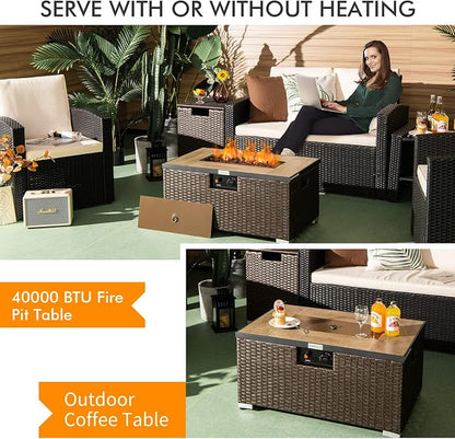 Tangkula 2 Piece Outdoor Propane Fire Pit Table Set with Hideaway Propane Tank Holder, 40,000 BTU Rattan Wicker Fire Pit Table with Lava Rocks, Waterproof Cover, Ideal for Backyard, Patio (Brown)