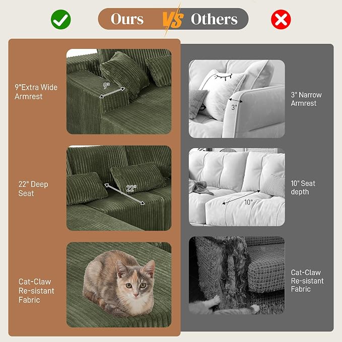 110" L Shaped Cloud Boneless Sectional Couches for Living Room, Modern Comfy Modular Deep Seat Memory Foam Compressed Corduroy Sofa Oversized Left Facing Chaise, No Assembly Required, Green