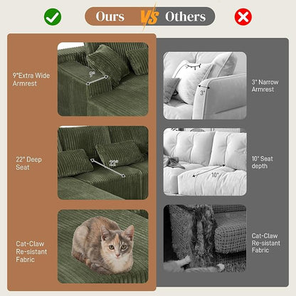 110" L Shaped Cloud Boneless Sectional Couches for Living Room, Modern Comfy Modular Deep Seat Memory Foam Compressed Corduroy Sofa Oversized Left Facing Chaise, No Assembly Required, Green