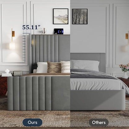King Size Bed Frame with 55.1" Tall Headboard, Velvet Upholstered Platform Bed with Channel Tufted Wingback, 2 Reading Lights/Storage Shelf/Charging Station/Easy Assembly/Noise-Free, Grey