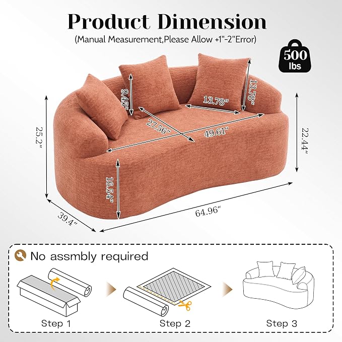 65" Curved Loveseat,Deep Seat Cloud Floor Couch with 3 Backrest,Cozy Chenille Fabric,Small Loveseat for Small Spaces,Bedroom,Office,Apartment (Coral, 65 Inch)