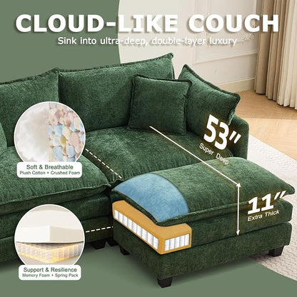 113” Modular Sectional Sofa, L Shaped Cloud Couches for Living Room, Green | Comfy Chenille, Deep Seat, Bedroom, Apartment, Throw Pillow, Removable Washable Cover, Movable Ottoman, Easy Assembly, Modern
